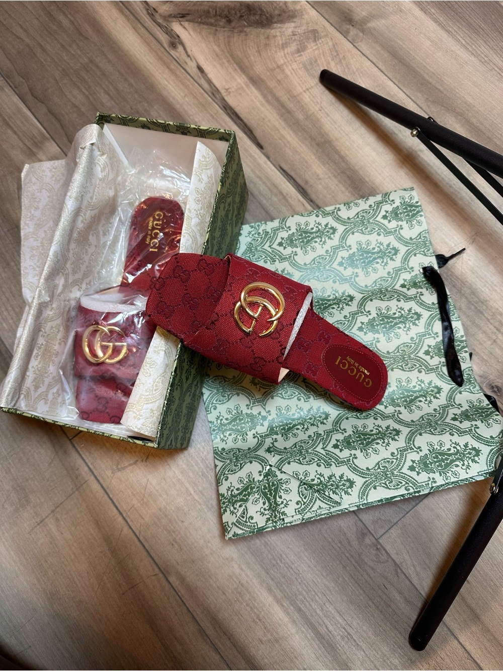 Gucci Red GG Monogram Slide Sandals with Gold Double G